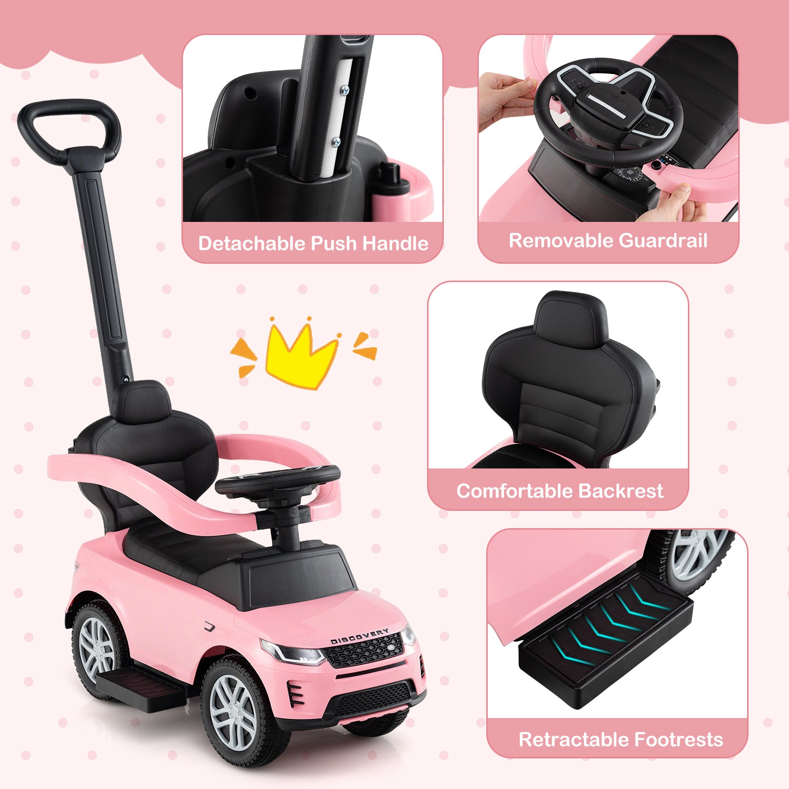 COSTWAY Licensed for LAND for RoveR Kids Ride on Push Car, 3-in-1 Grow-with-Me Stroller Walker & Car for Toddlers 18-36 Months, Pink with Black Bumper, Start-up Sound, Steering Wheel, -Rollover Design & Under-Seat Storage (Parent-