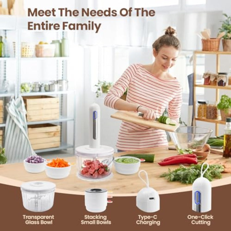 Glass Food Processor Cordless Electric Meat Grinder and Baby Food Processor with Large and Small Double Blades 4 Bowls Suitable for Baby Food Vegetable Chopper Sauces Outdoor Camping,  Modern Food Chopper, Easy To Clean, Highquality Blades, Vegetable