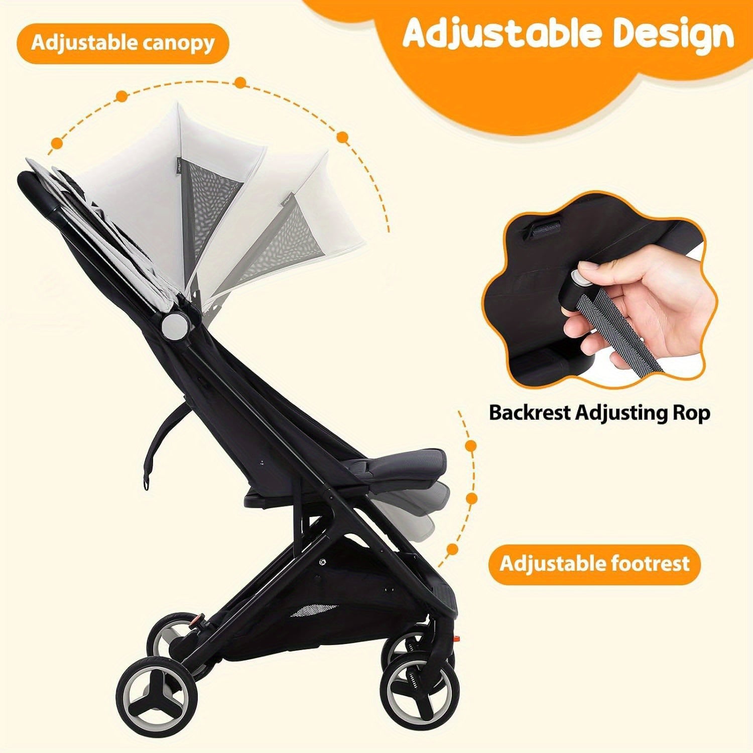 Lightweight Compact Travel Stroller with Reclining Seat and Canopy