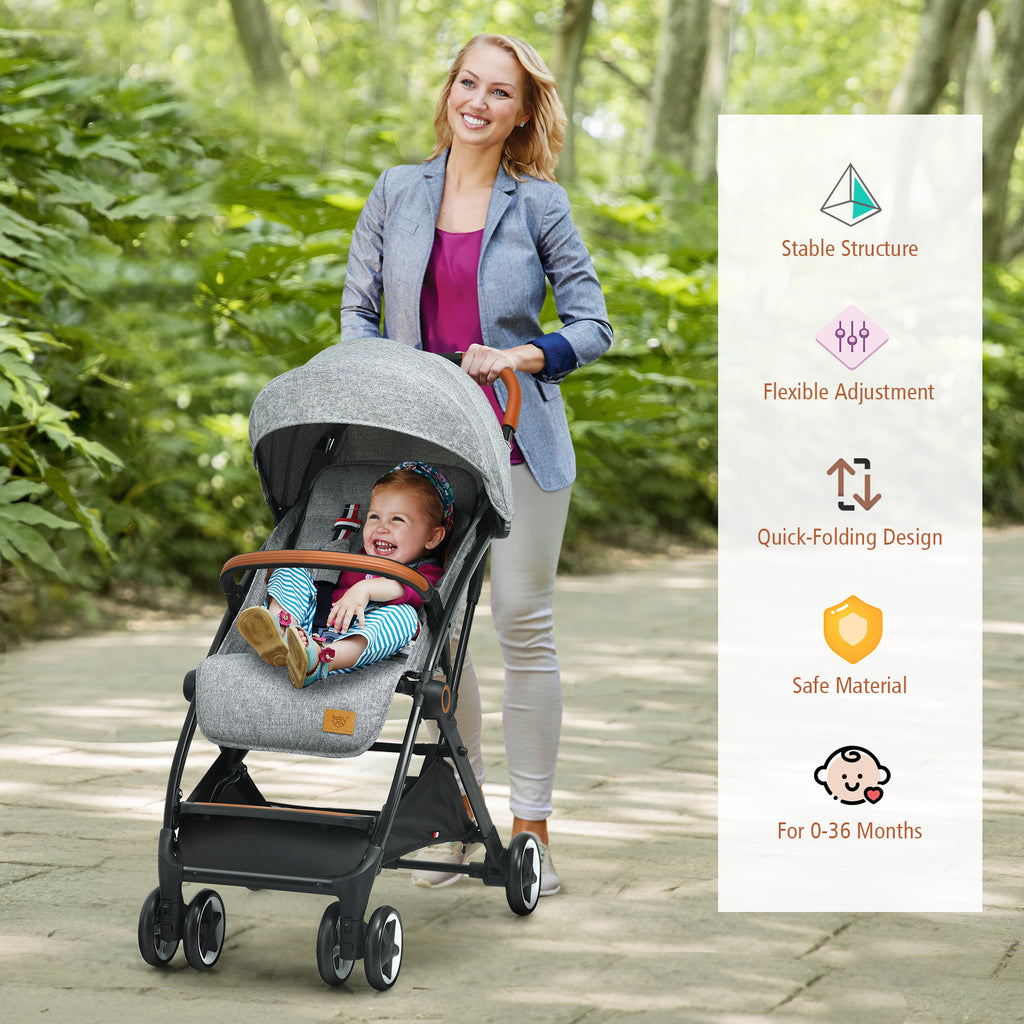 COSTWAY Foldable Baby Stroller, Portable Stroller with Retractable Canopy, Adjustable Backrest & Footrest, Lightweight Aluminum Frame, Storage Basket, Compact Travel Stroller for 6-36 Months.