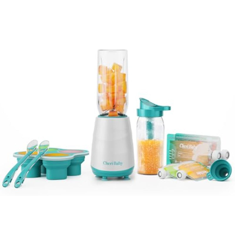 CheriBaby 15in1 Food Maker System Food Processor Blender Set for Puree Fruit Vegetable Meat with Containers Icicle Reusable Food Pouch Freezer Tray and Spoons 20oz