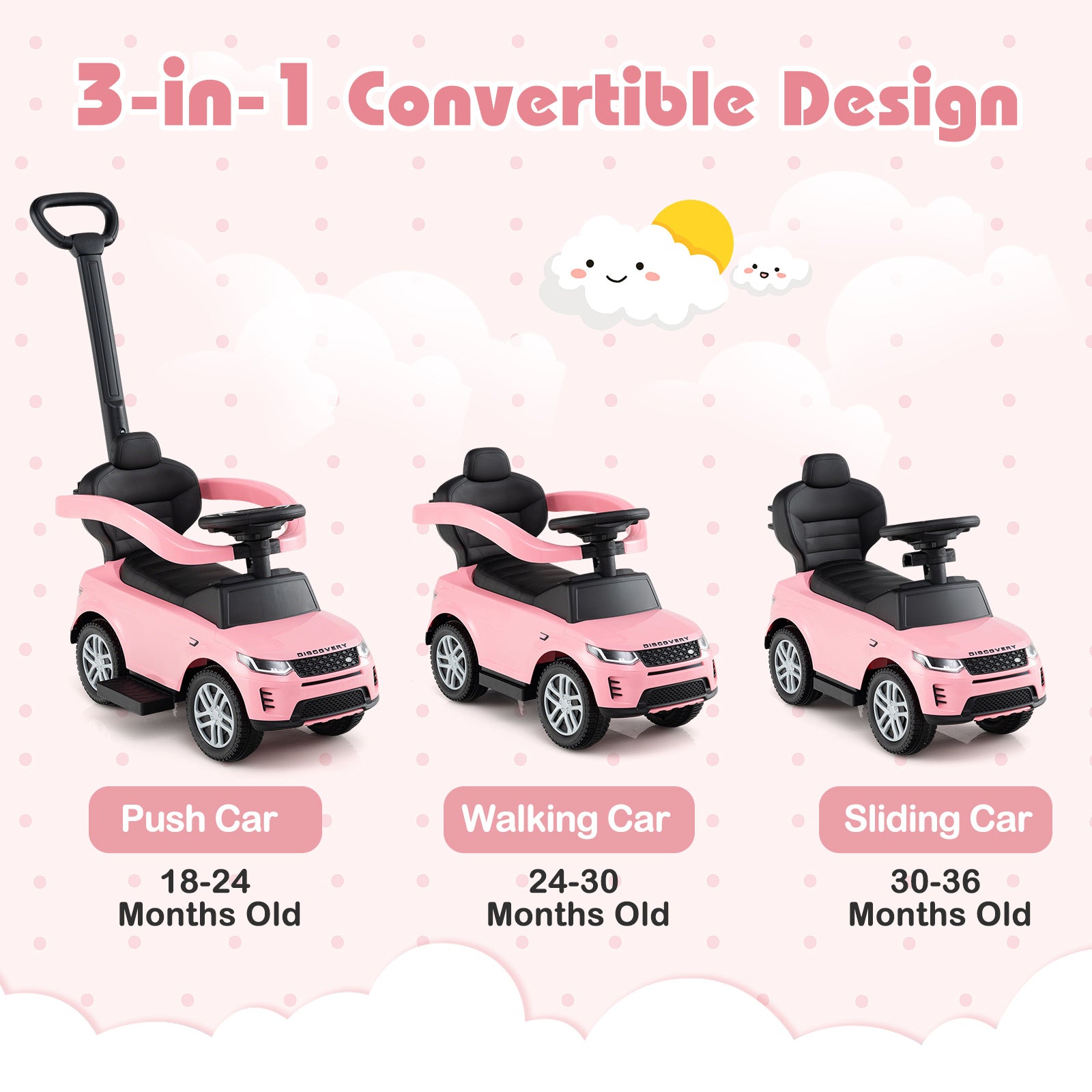 COSTWAY Licensed for LAND for RoveR Kids Ride on Push Car, 3-in-1 Grow-with-Me Stroller Walker & Car for Toddlers 18-36 Months, Pink with Black Bumper, Start-up Sound, Steering Wheel, -Rollover Design & Under-Seat Storage (Parent-