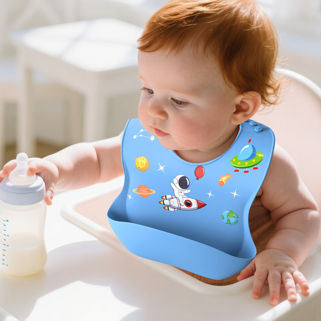 AI BEI PARENT CO. Silicone Bibs for Babies & Toddlers - Adjustable BPA-Free Soft Durable Bibs with Large Pocket, Space-Themed Design (Rocket, Planets, Stars) - Easy-to-Eat Food Catcher for Toddlers, Baby Bibs, Playful Babyware