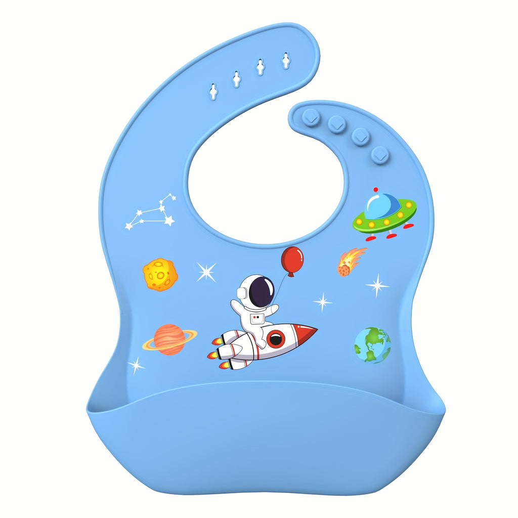 AI BEI PARENT CO. Silicone Bibs for Babies & Toddlers - Adjustable BPA-Free Soft Durable Bibs with Large Pocket, Space-Themed Design (Rocket, Planets, Stars) - Easy-to-Eat Food Catcher for Toddlers, Baby Bibs, Playful Babyware