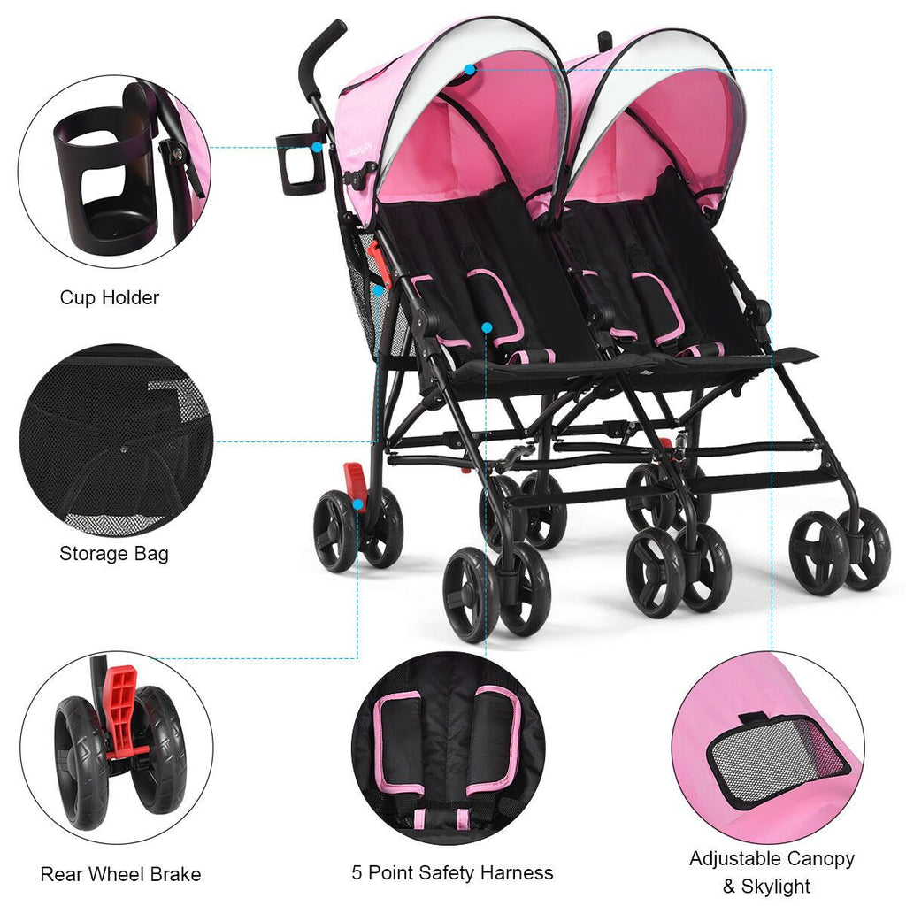 COSTWAY Foldable Twin Baby Double Stroller Kids Ultralight Umbrella Stroller Pushchair