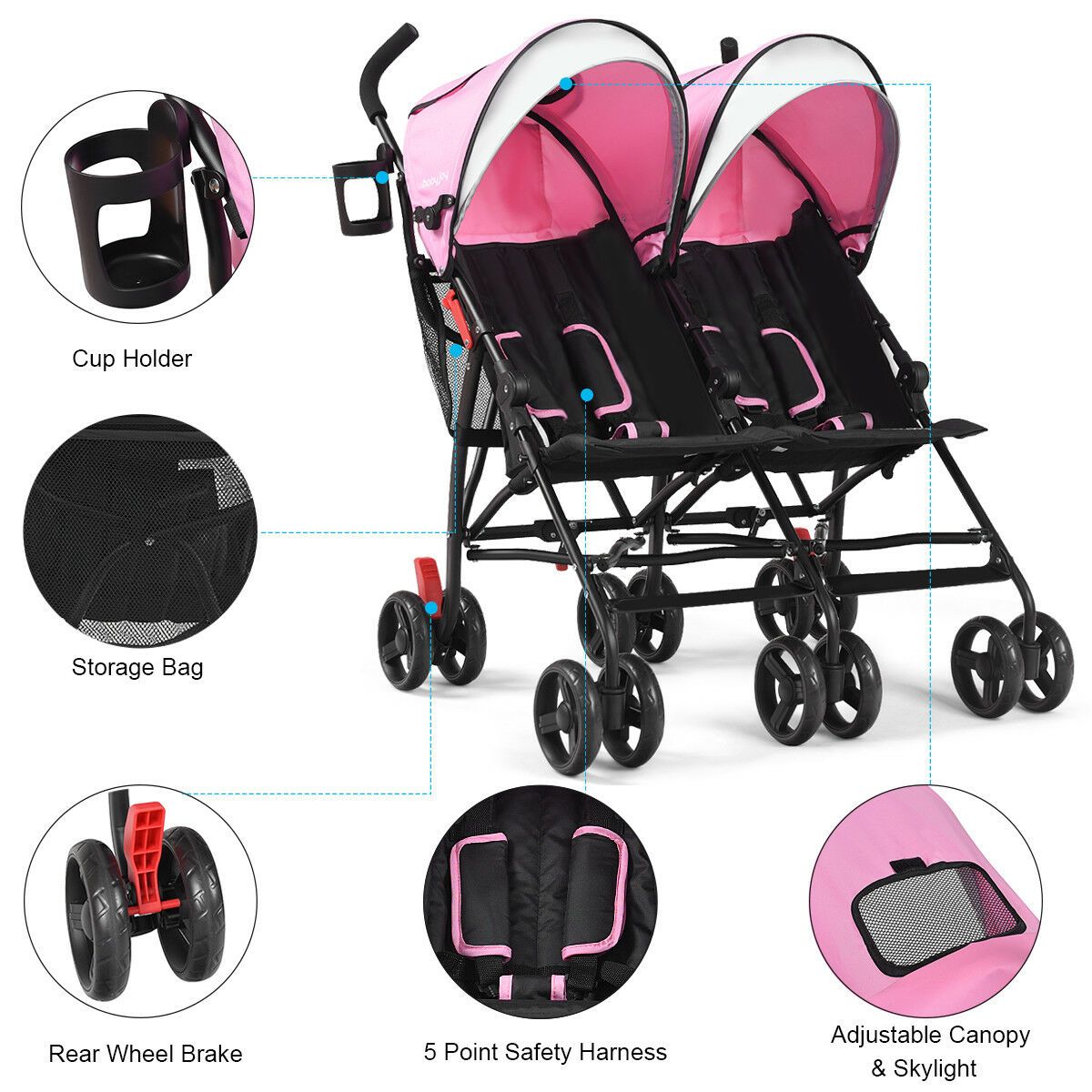 COSTWAY Foldable Twin Baby Double Stroller Kids Ultralight Umbrella Stroller Pushchair