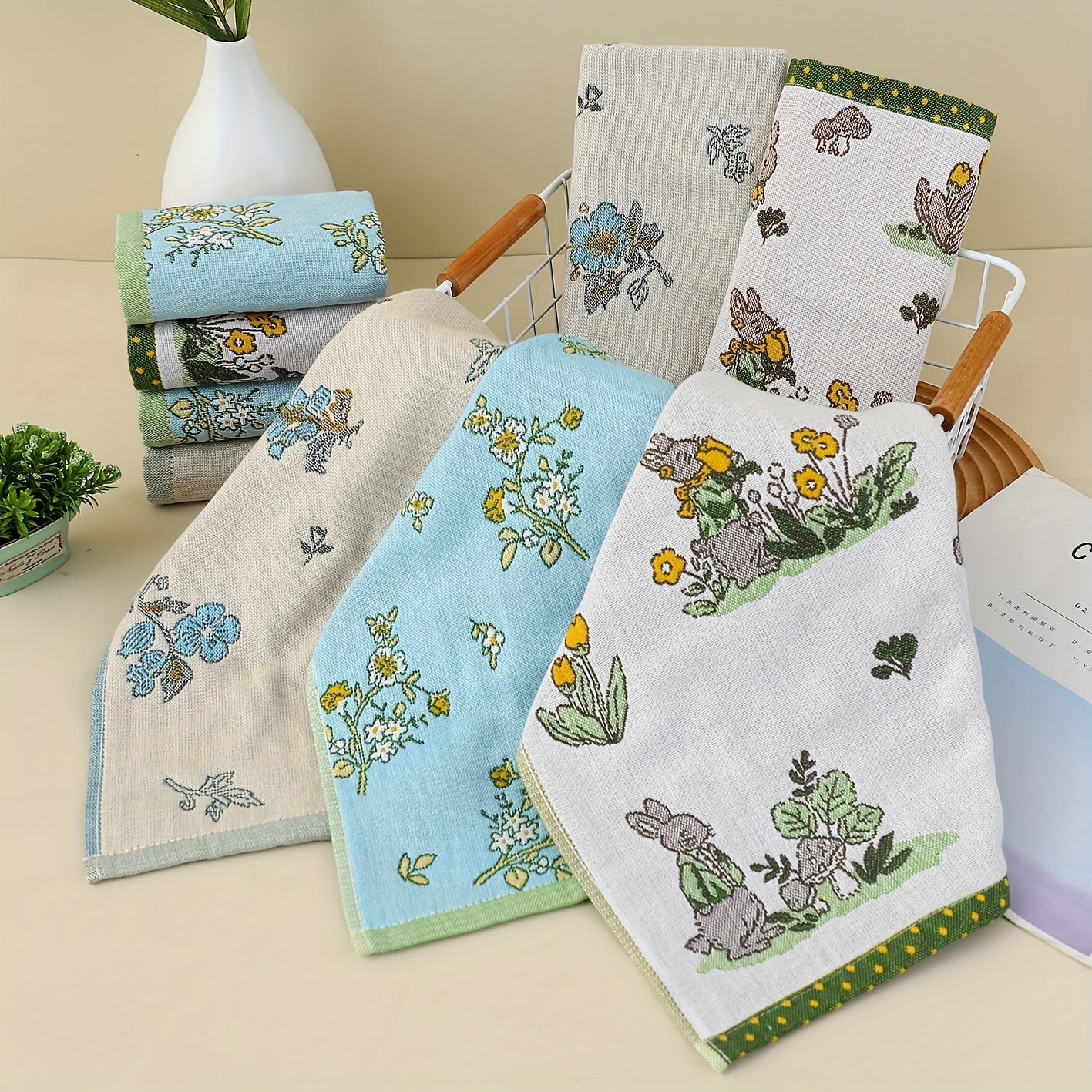 Modern Flower & Orchid Rabbit Gauze Soft Towel - 4-Ply Bath & Kitchen Towels Suitable for Bathroom, Gentle  Beige Care, Decorative Square Towel with Rabbit Flower Pattern, Hygienic Multi-Ply Design