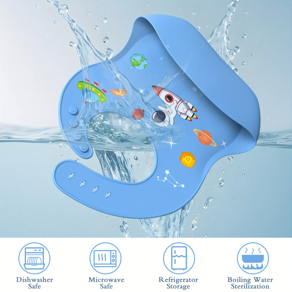 AI BEI PARENT CO. Silicone Bibs for Babies & Toddlers - Adjustable BPA-Free Soft Durable Bibs with Large Pocket, Space-Themed Design (Rocket, Planets, Stars) - Easy-to-Eat Food Catcher for Toddlers, Baby Bibs, Playful Babyware