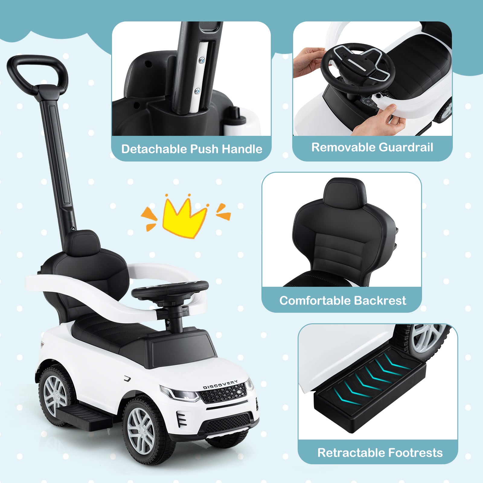 COSTWAY Licensed for LAND for RoveR Kids Ride on Push Car, 3-in-1 Grow-with-Me Stroller Walker & Ride-On Vehicle for Toddlers 18-36 Months, White & Black with Start-Up Sounds, Steering Wheel, -Rollover Design & Under-Seat Storage (Parent-