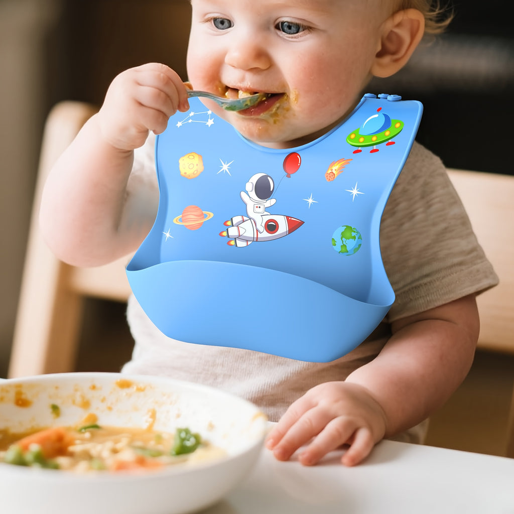 AI BEI PARENT CO. Silicone Bibs for Babies & Toddlers - Adjustable BPA-Free Soft Durable Bibs with Large Pocket, Space-Themed Design (Rocket, Planets, Stars) - Easy-to-Eat Food Catcher for Toddlers, Baby Bibs, Playful Babyware