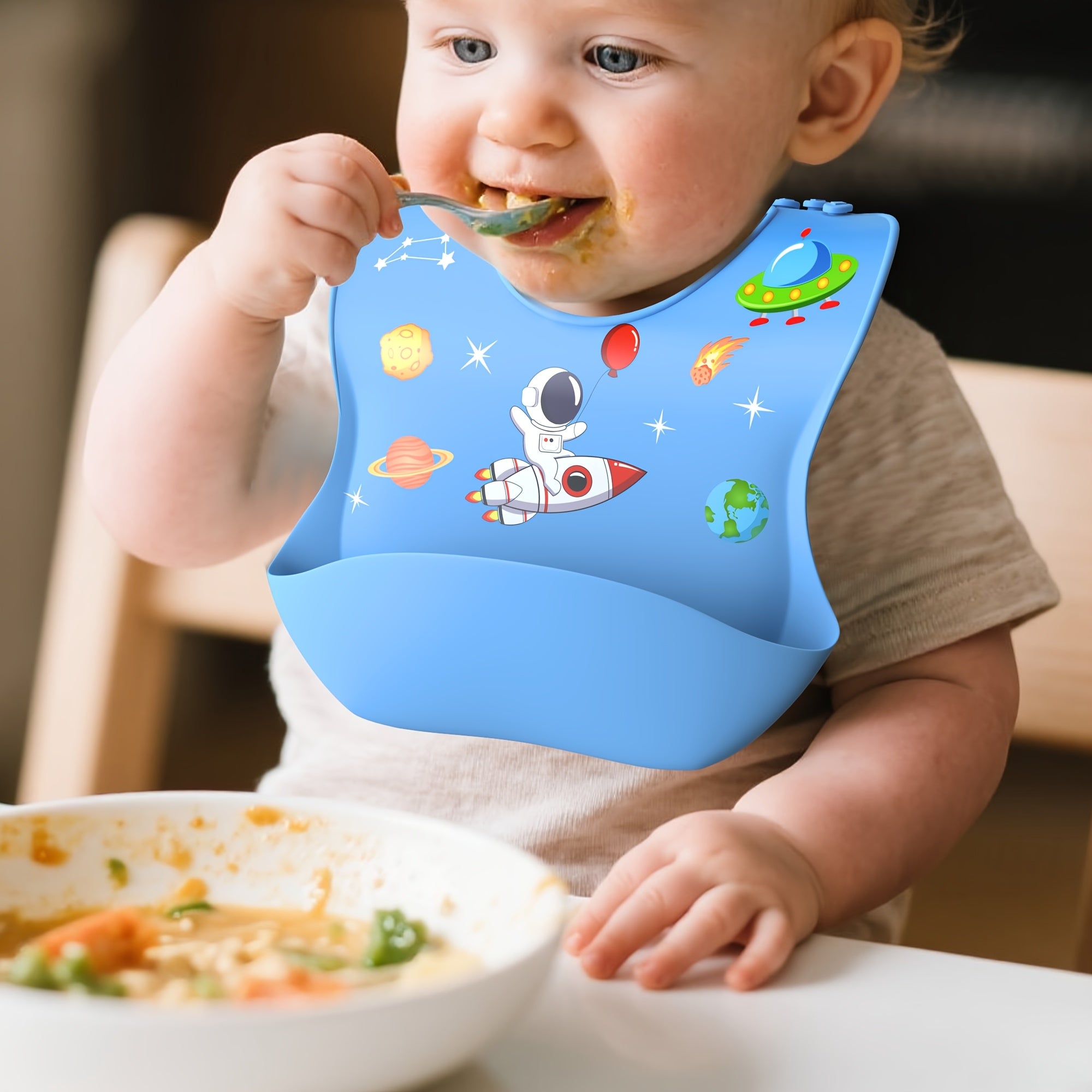 AI BEI PARENT CO. Silicone Bibs for Babies & Toddlers - Adjustable BPA-Free Soft Durable Bibs with Large Pocket, Space-Themed Design (Rocket, Planets, Stars) - Easy-to-Eat Food Catcher for Toddlers, Baby Bibs, Playful Babyware