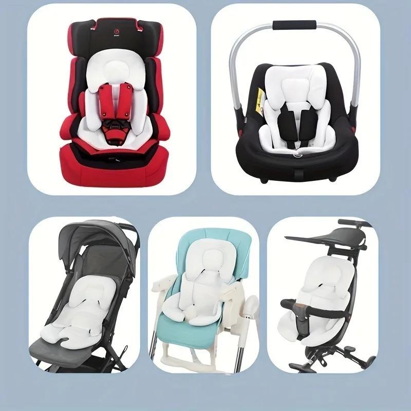 Baby Stroller Seat Cushion with Safety Harness & Adjustable Waist Protector - Double-Sided Soft Beige\u002FWhite Car Seat Pad, Compatible with Most Travel Cots, Carriers & Buggy (No Tools\u002FEasy Install) - for airplane, car, for hailing a ride -