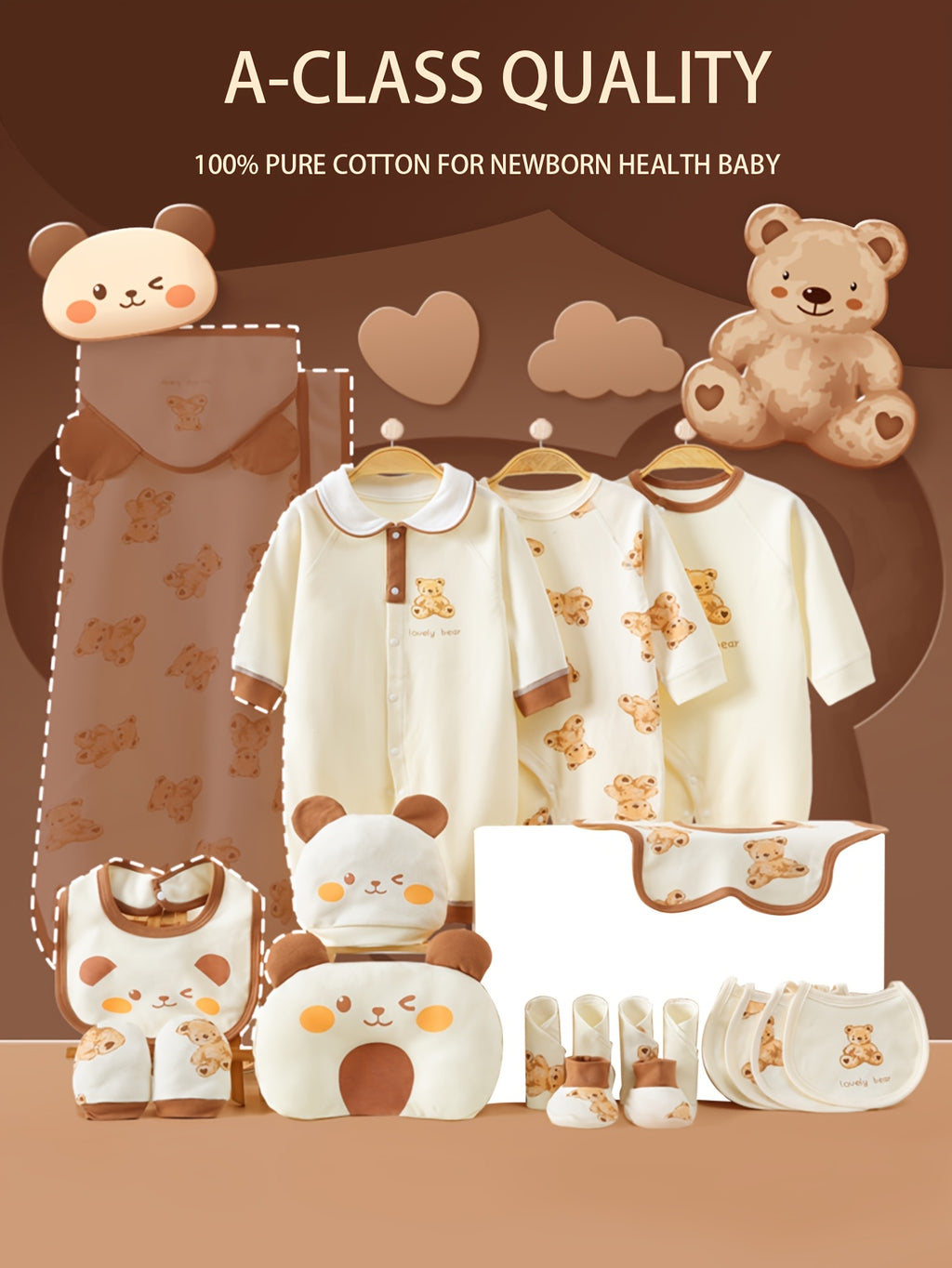 Newborn Baby Girl Clothes - Baby Boy Onesie Set with 19pcs, 3pcs Rompers - Hats - Bibs - Pillows - Hand And Foot Covers - Bibs - Baby Full Moon Four Seasons Set - Baby Gift - Newborn Necessities, for Outdoor, Perfect for Outdoor