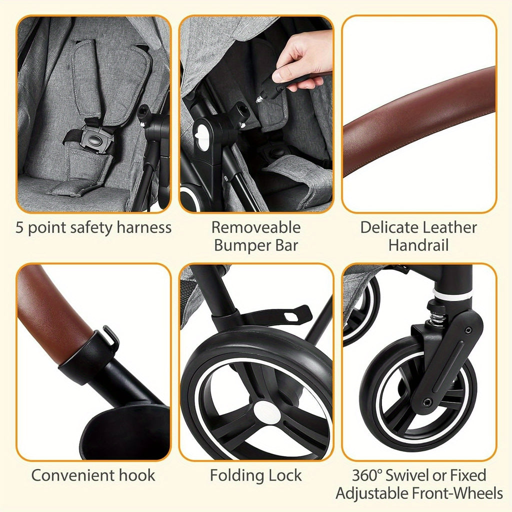 2-in-1 Baby Stroller Reversible Stroller, Bassinet with One-Hand Fold for Easy Access Stroller with Recliner and Extra Large Canopy