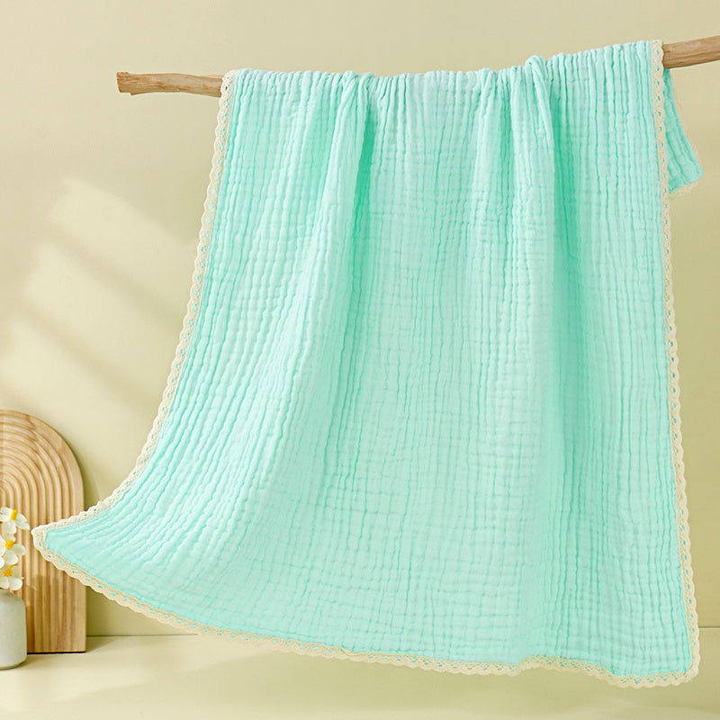 A newborn baby gauze bath towel, six-layer lace trim, solid color, stroller cover blanket, air conditioning swaddle, and blanket suitable for all seasons.