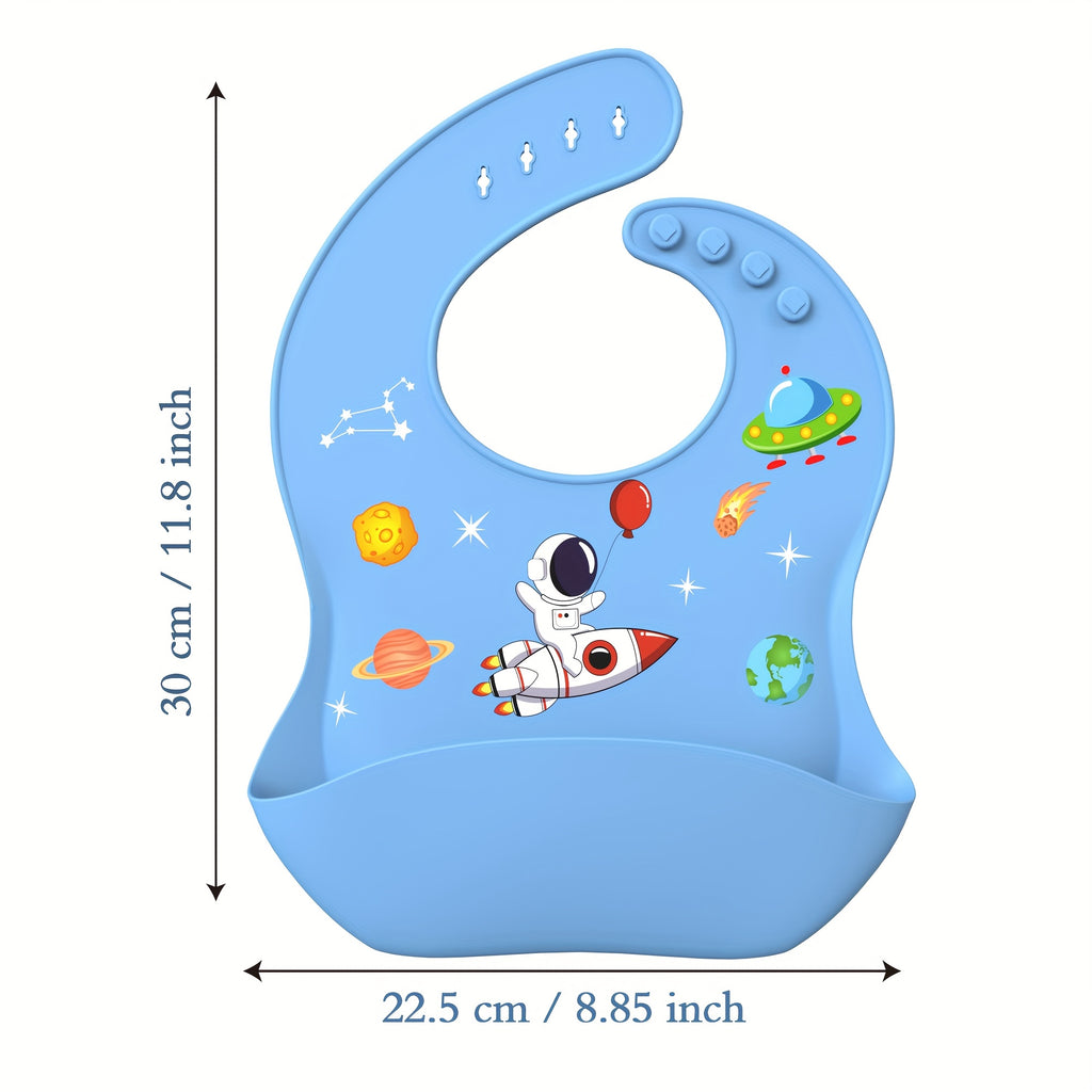 AI BEI PARENT CO. Silicone Bibs for Babies & Toddlers - Adjustable BPA-Free Soft Durable Bibs with Large Pocket, Space-Themed Design (Rocket, Planets, Stars) - Easy-to-Eat Food Catcher for Toddlers, Baby Bibs, Playful Babyware