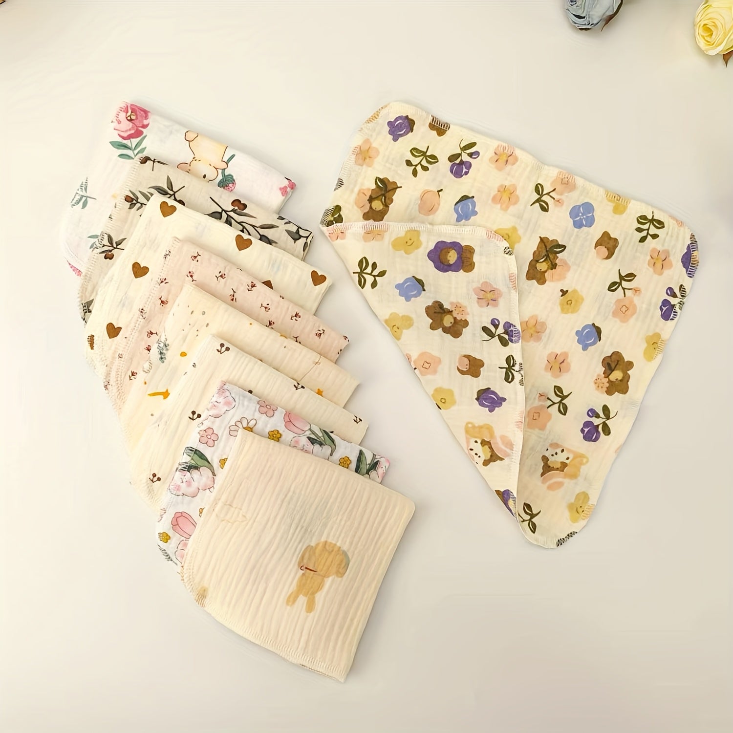 9-Pack Soft Breathable Gauze Square Towels - Cute Animal & Floral Cartoon Face & Bath Towels for s, Pastel Colors with Hearts, Bows, Bears & Smiling Faces, Hand Wash Only, Gentle for Sensitive Light, Bath & Everyday Use, Ideal for ren'S Spa