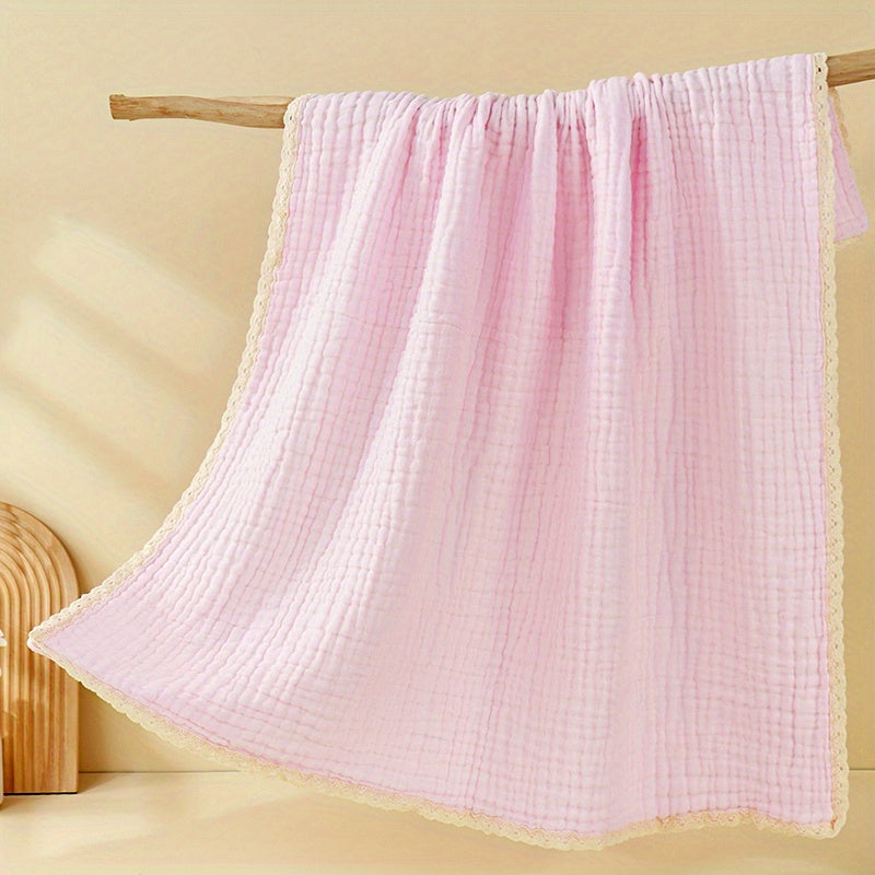 A newborn baby gauze bath towel, six-layer lace trim, solid color, stroller cover blanket, air conditioning swaddle, and blanket suitable for all seasons.