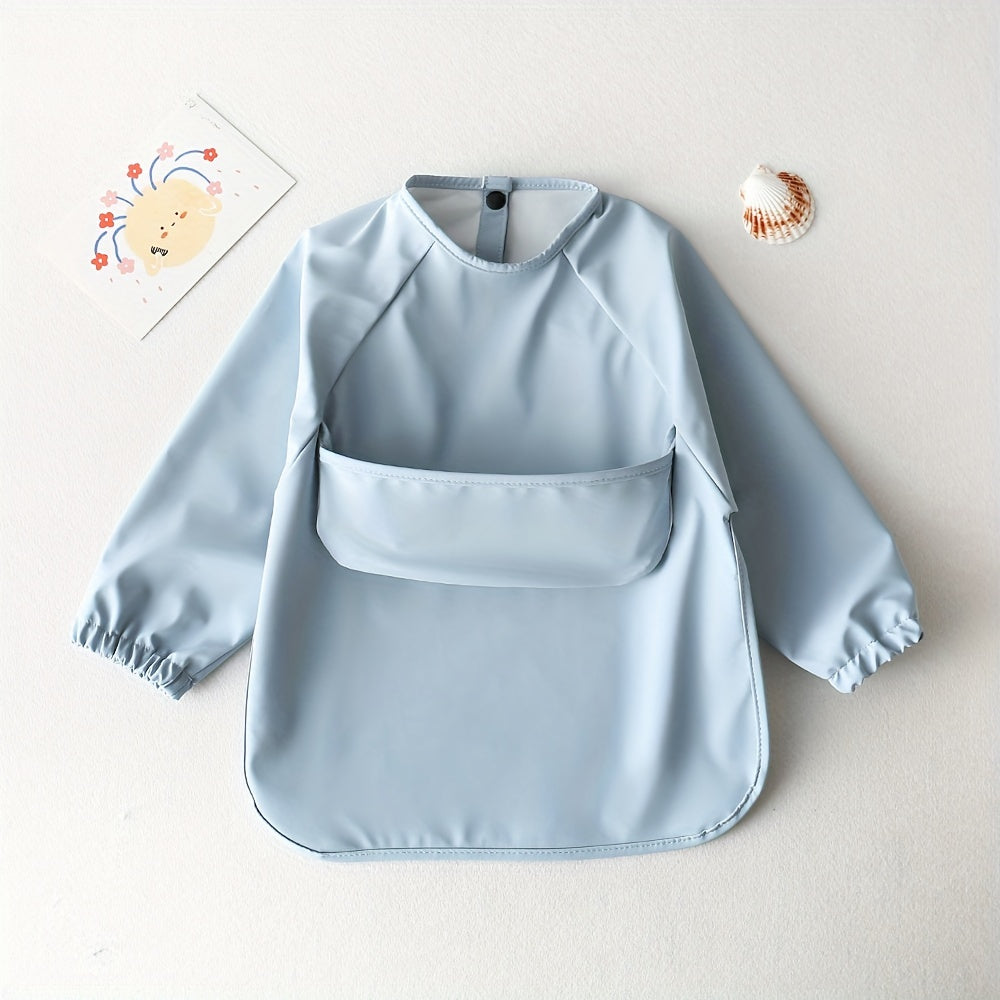 Easy-Clean Baby Bib Durable Polyester Soft Long-Sleeve Baby Bib with Adjustable Snap Closure & Pockets - Light Blue & Pink Feeding Bib for Infants, Easy-Clean Design, High Quality, Elegant Babywear