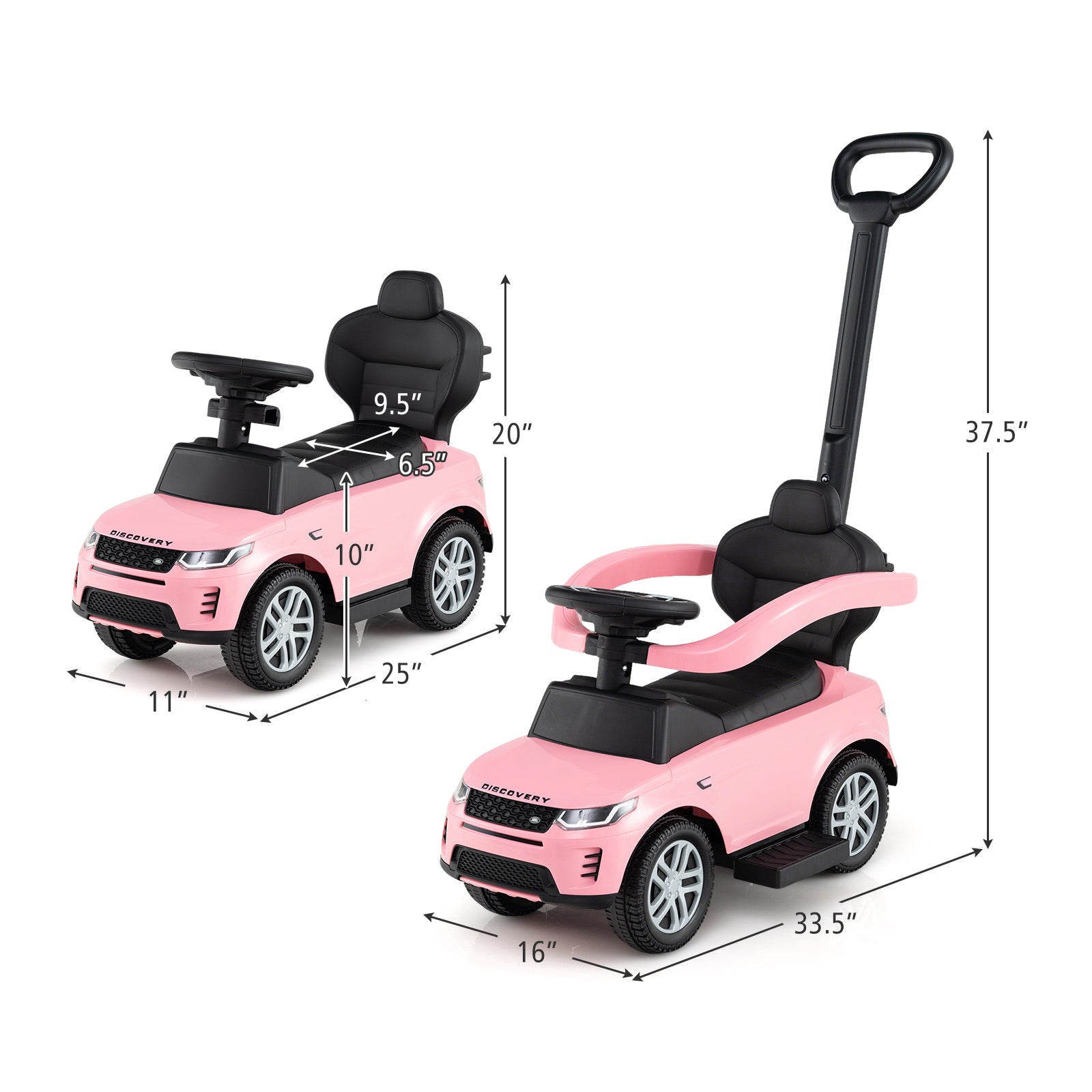 COSTWAY Licensed for LAND for RoveR Kids Ride on Push Car, 3-in-1 Grow-with-Me Stroller Walker & Car for Toddlers 18-36 Months, Pink with Black Bumper, Start-up Sound, Steering Wheel, -Rollover Design & Under-Seat Storage (Parent-
