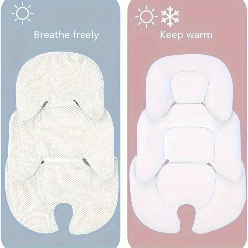 Baby Stroller Seat Cushion with Safety Harness & Adjustable Waist Protector - Double-Sided Soft Beige\u002FWhite Car Seat Pad, Compatible with Most Travel Cots, Carriers & Buggy (No Tools\u002FEasy Install) - for airplane, car, for hailing a ride -