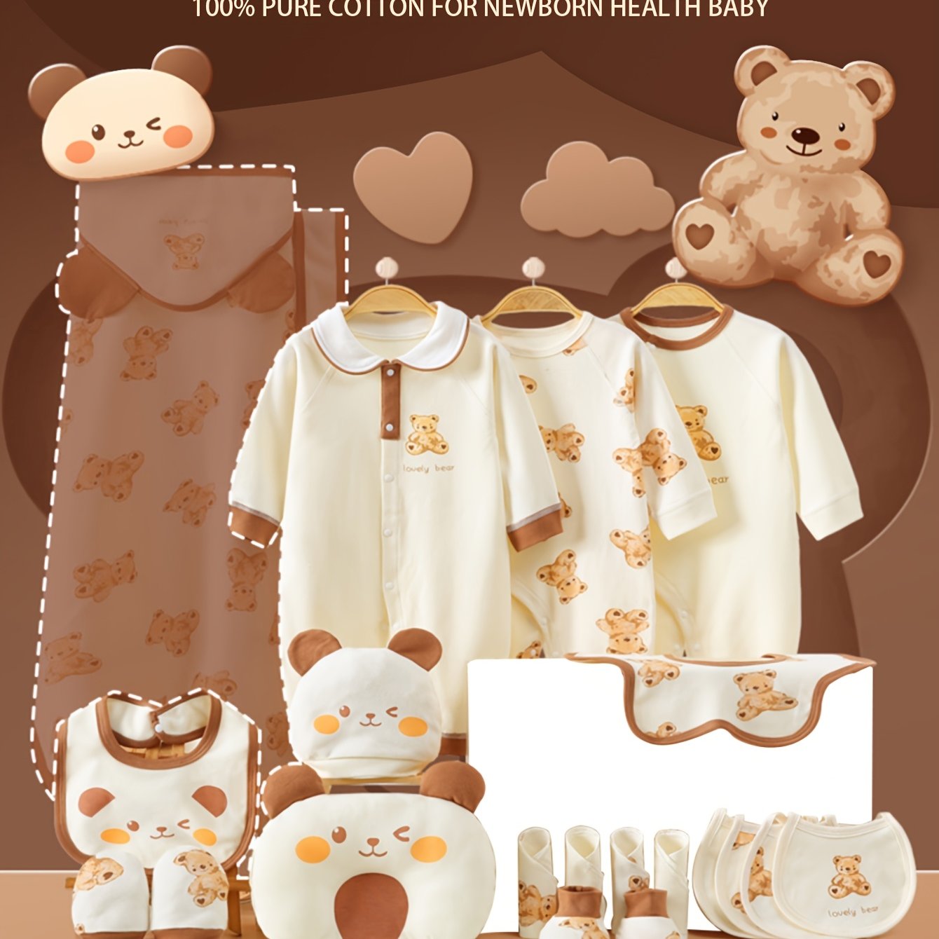 Newborn Baby Girl Clothes - Baby Boy Onesie Set with 19pcs, 3pcs Rompers - Hats - Bibs - Pillows - Hand And Foot Covers - Bibs - Baby Full Moon Four Seasons Set - Baby Gift - Newborn Necessities, for Outdoor, Perfect for Outdoor