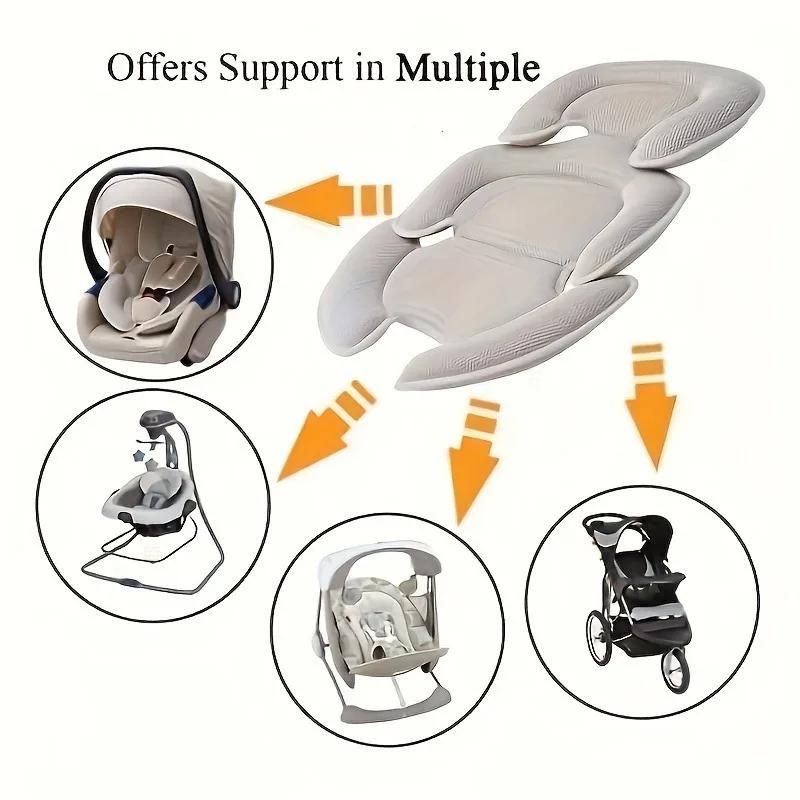 Baby Stroller Seat Cushion with Safety Harness & Adjustable Waist Protector - Double-Sided Soft Beige\u002FWhite Car Seat Pad, Compatible with Most Travel Cots, Carriers & Buggy (No Tools\u002FEasy Install) - for airplane, car, for hailing a ride -