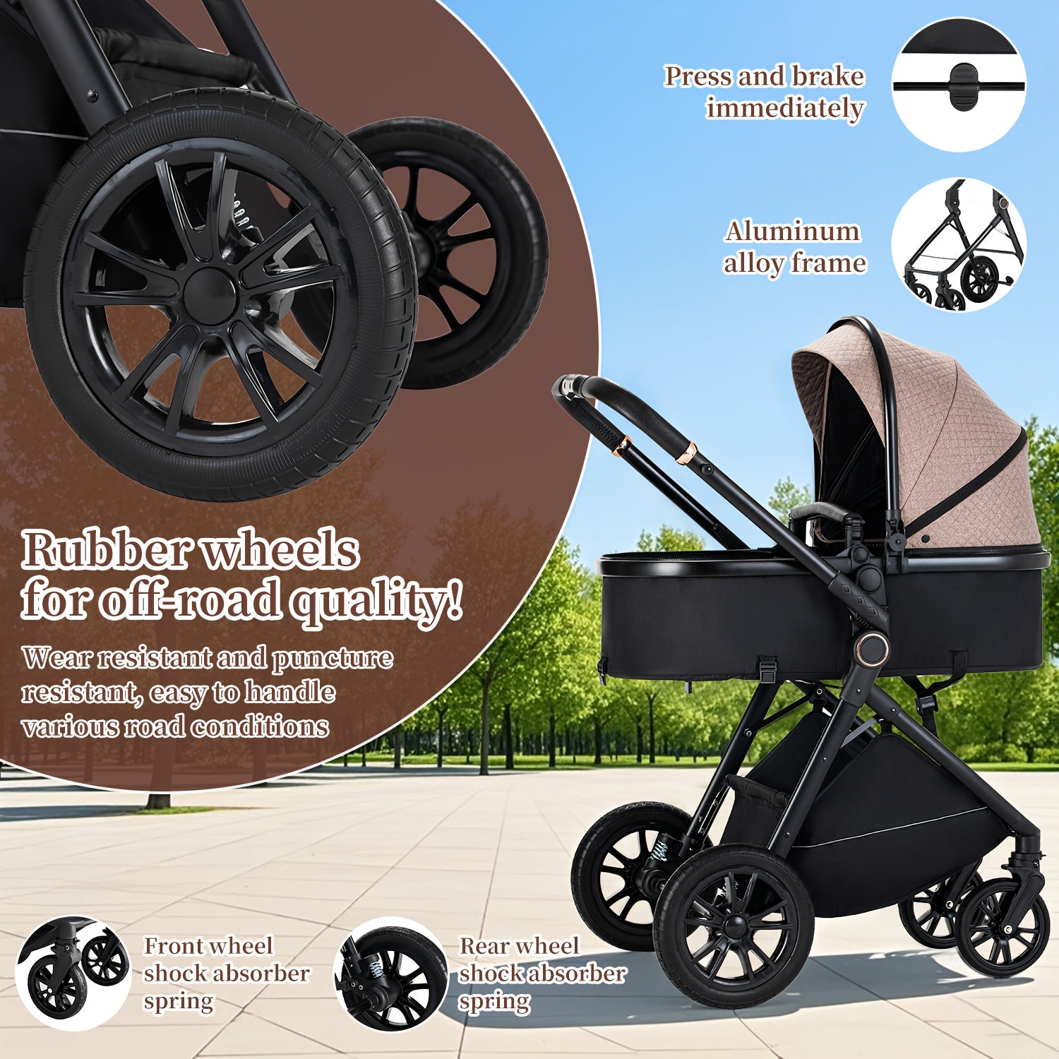 2-in-1 Convertible Baby Stroller with Bassinet - All-in-One Travel System, One-Hand Fold, Storage Basket & Undercarriage, Reclining Seat & Standing Position, Large Wheels with Suspension, Safety Harness - Heavy-Duty Metal Frame for Newborns 0-36