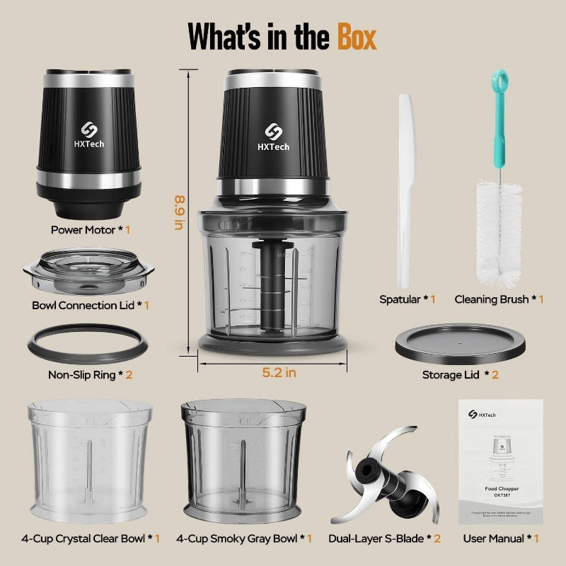 Food Processor and Chopper with 2 Bowls, 2 Dual-Layer S-Blade Sets for Meat Vegetables Onion Garlic Nuts Salad Food, Kitchen Appliance, Meal Prep Tool, Spacesaving Appliance, Compact Design, Durable Construction, Highquality Blades, Food Prep Tool