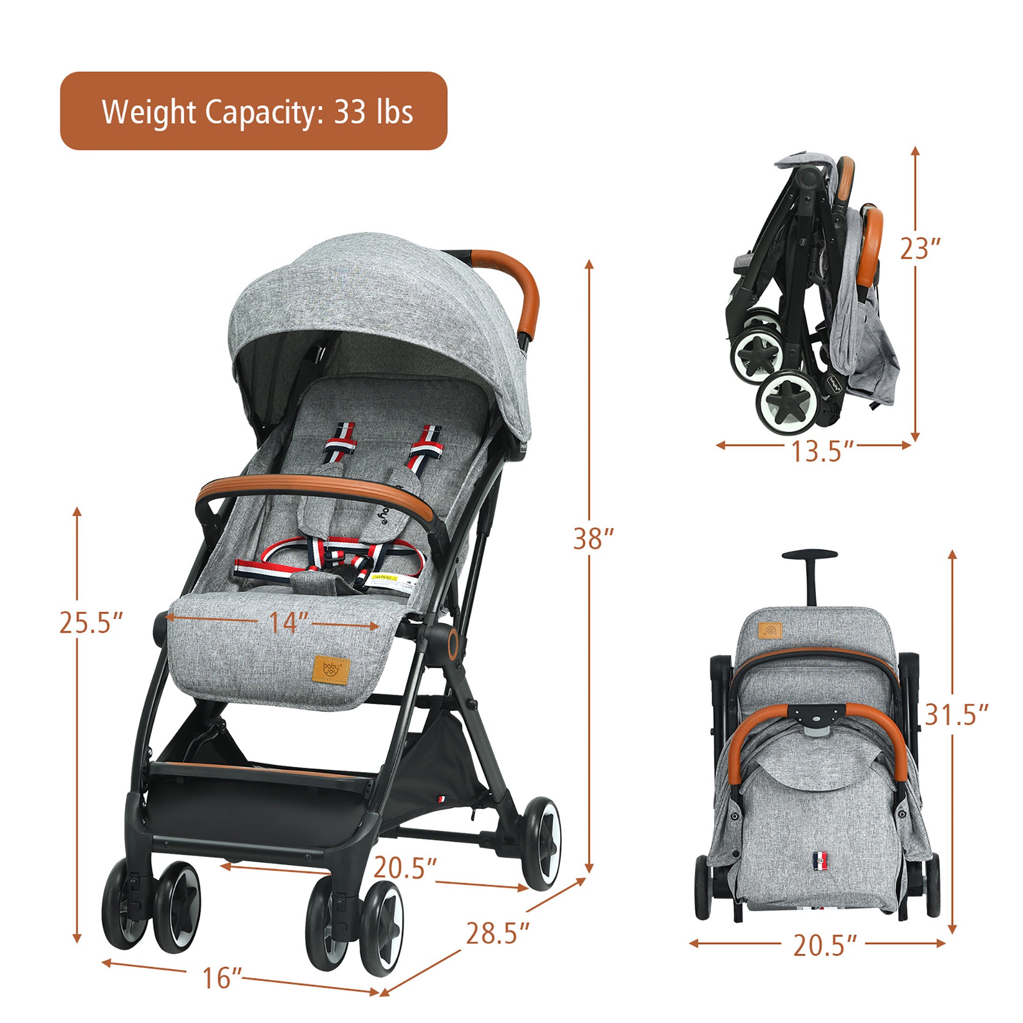 COSTWAY Foldable Baby Stroller, Portable Stroller with Retractable Canopy, Adjustable Backrest & Footrest, Lightweight Aluminum Frame, Storage Basket, Compact Travel Stroller for 6-36 Months.