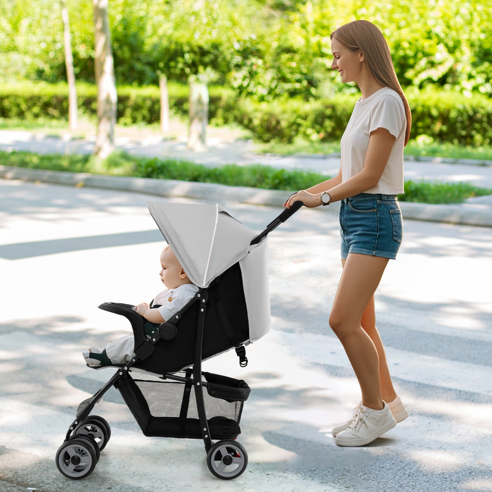 COSTWAY Foldable Baby Stroller Kids Travel Pushchair 5-Point Safety Harness Storage Basket.