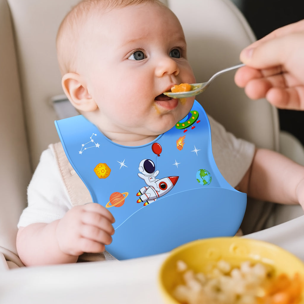 AI BEI PARENT CO. Silicone Bibs for Babies & Toddlers - Adjustable BPA-Free Soft Durable Bibs with Large Pocket, Space-Themed Design (Rocket, Planets, Stars) - Easy-to-Eat Food Catcher for Toddlers, Baby Bibs, Playful Babyware