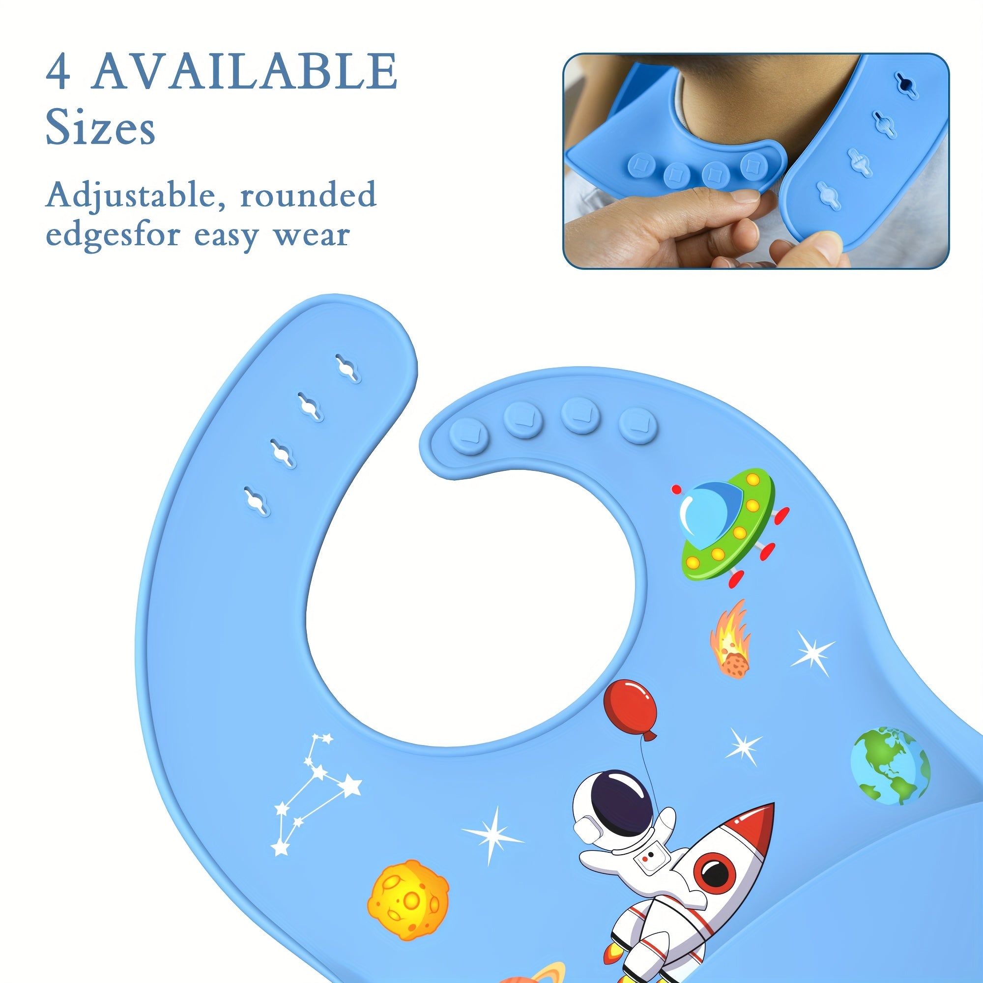 AI BEI PARENT CO. Silicone Bibs for Babies & Toddlers - Adjustable BPA-Free Soft Durable Bibs with Large Pocket, Space-Themed Design (Rocket, Planets, Stars) - Easy-to-Eat Food Catcher for Toddlers, Baby Bibs, Playful Babyware