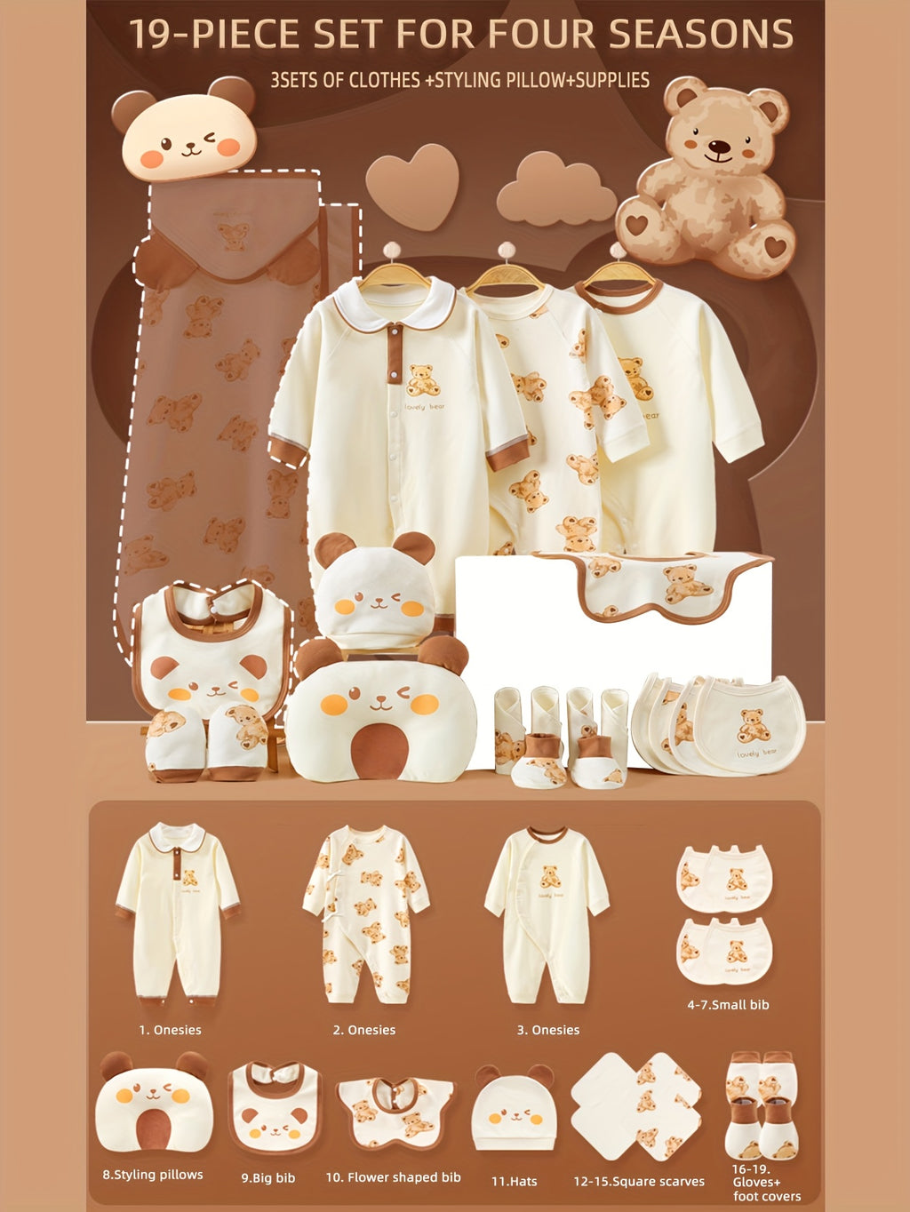 Newborn Baby Girl Clothes - Baby Boy Onesie Set with 19pcs, 3pcs Rompers - Hats - Bibs - Pillows - Hand And Foot Covers - Bibs - Baby Full Moon Four Seasons Set - Baby Gift - Newborn Necessities, for Outdoor, Perfect for Outdoor