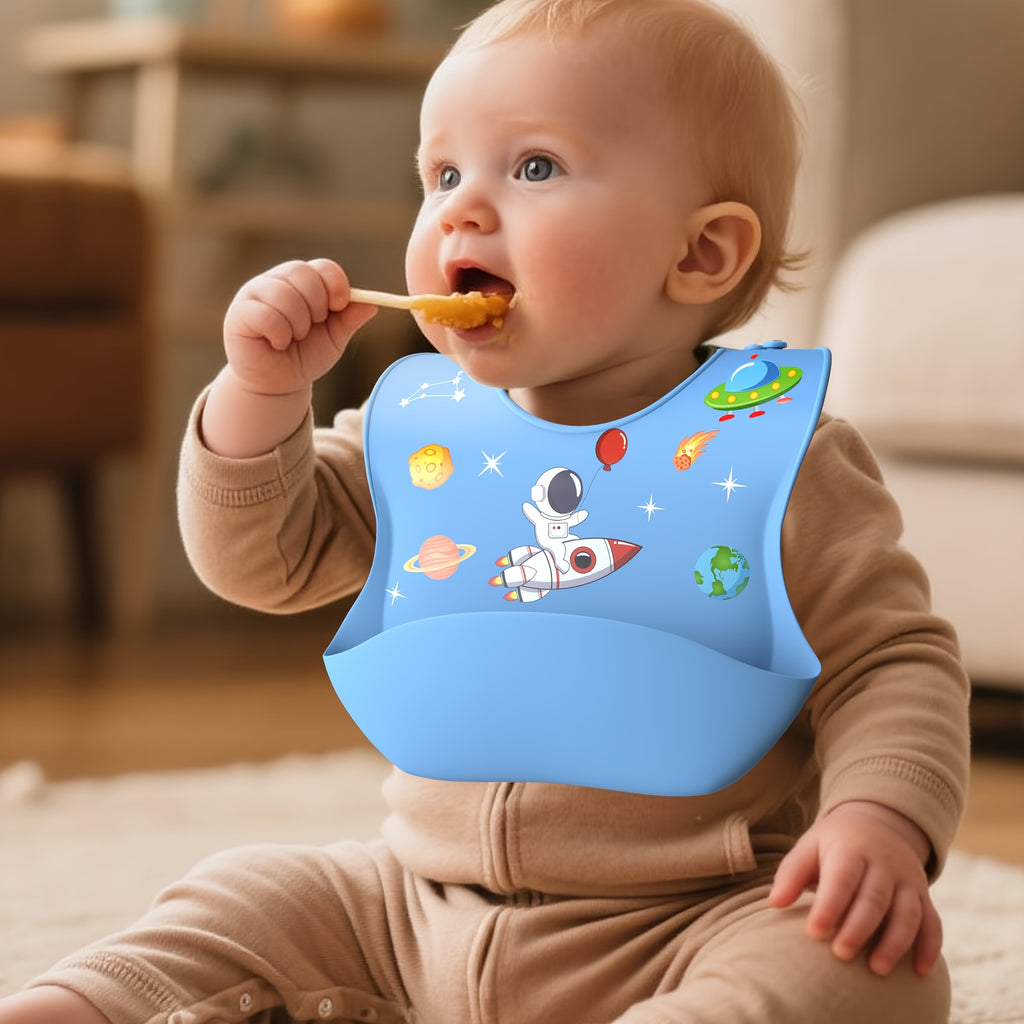 AI BEI PARENT CO. Silicone Bibs for Babies & Toddlers - Adjustable BPA-Free Soft Durable Bibs with Large Pocket, Space-Themed Design (Rocket, Planets, Stars) - Easy-to-Eat Food Catcher for Toddlers, Baby Bibs, Playful Babyware