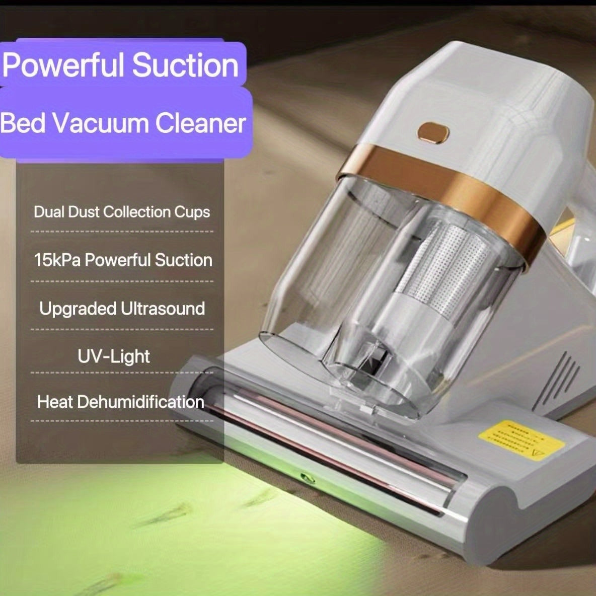Corded Bed Vacuum Cleaner with UV-C Sanitization & 131°F Heating, Soundwave technology Mite Removal, Heavy-Duty 15KPa Suction for Mattress, Sofa, Bedding --in Vacuum Suitable for, Dorm, Hotel Use