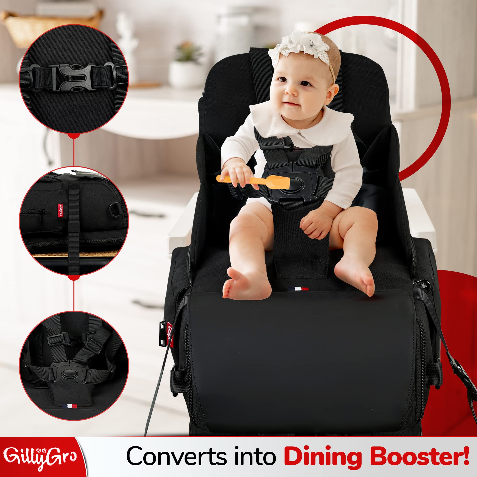 GillyGro Multifunction Diaper Bag Backpack with Changing Pad & Portable Chair Booster Seat & Insulated Bottle Pockets, Perfect Large Travel Diaper Bag for Girl, Boy, Newborn Essential Gift