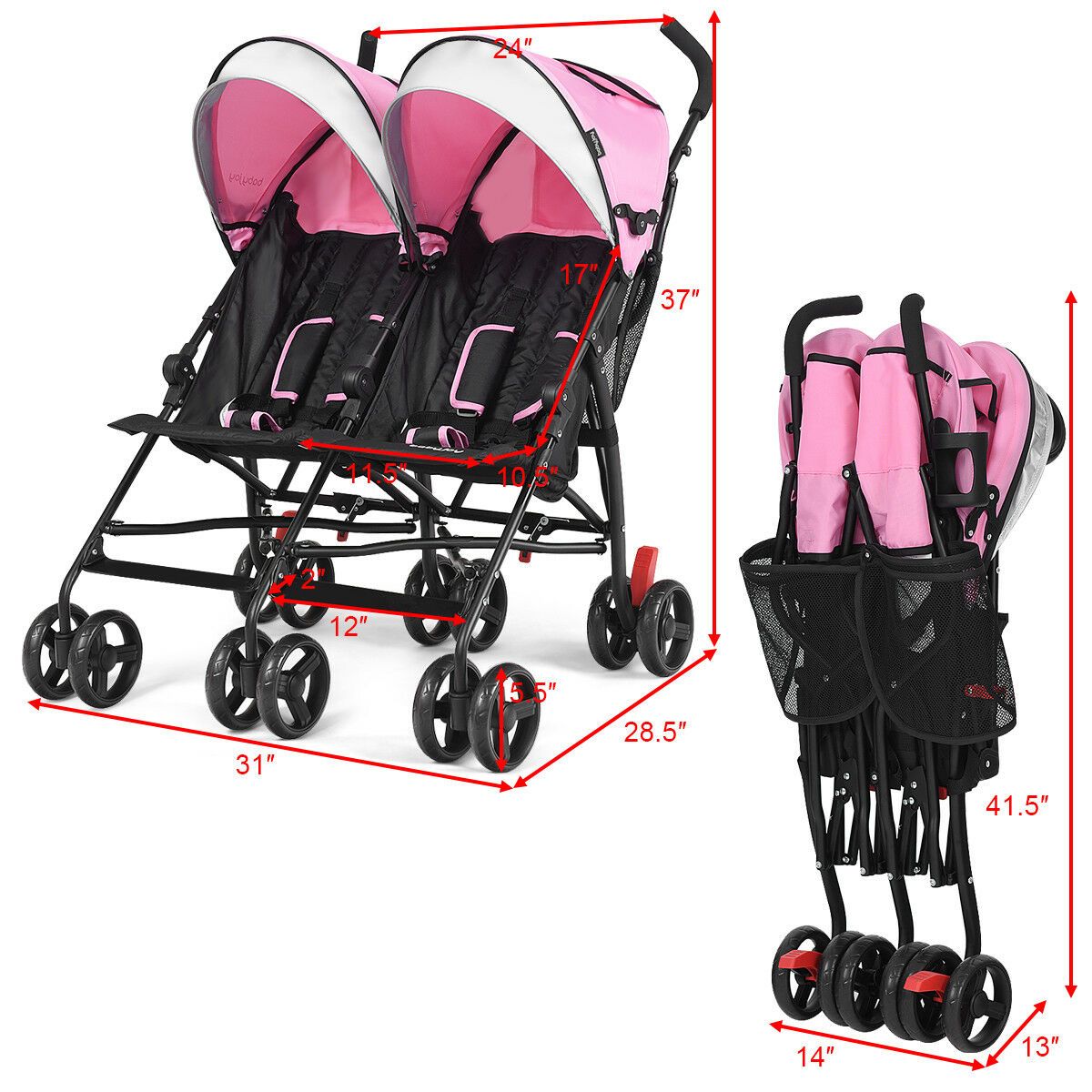 COSTWAY Foldable Twin Baby Double Stroller Kids Ultralight Umbrella Stroller Pushchair