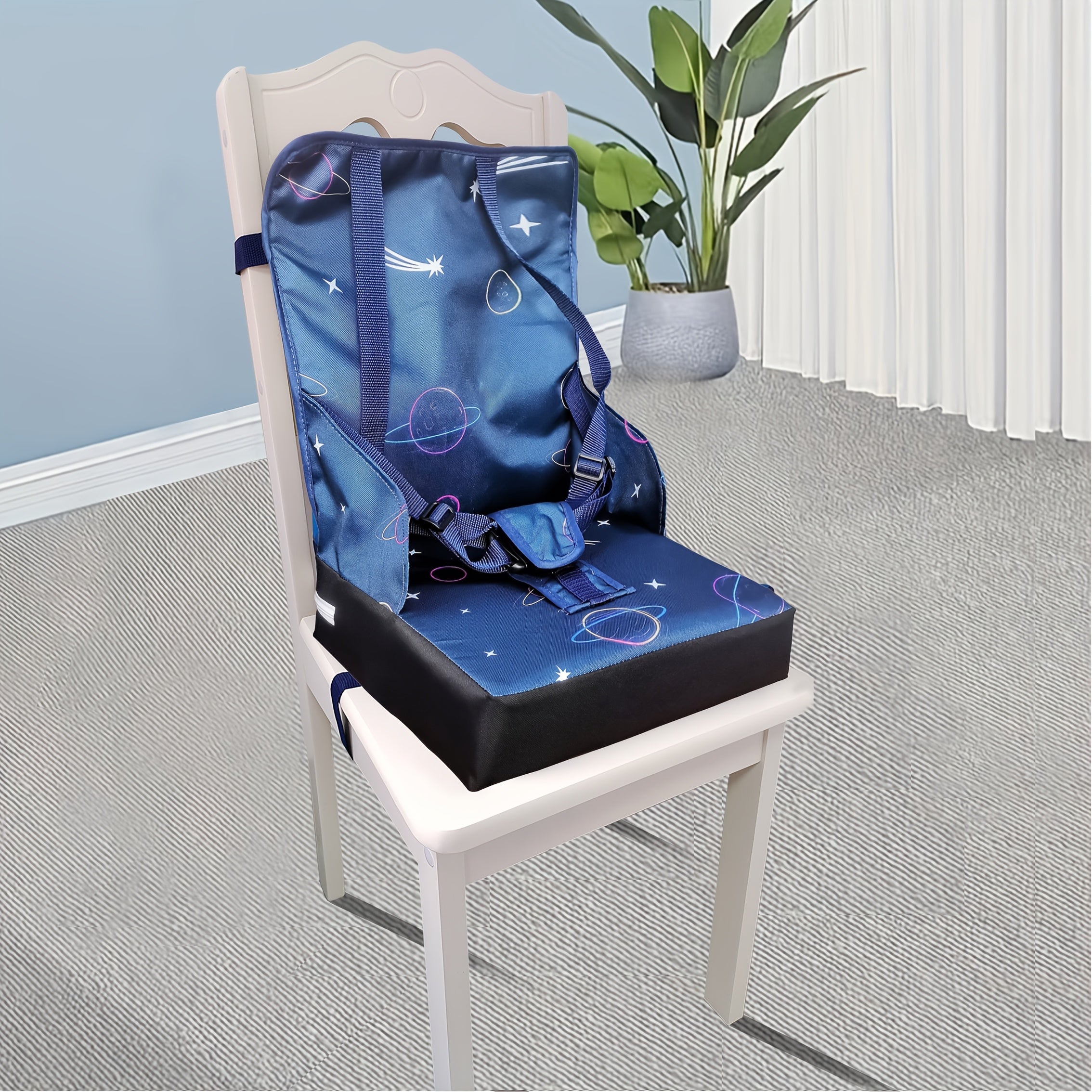 1pc Booster Seat Cushion with Removable Washable Cover & Adjustable Strap Compatibility - Portable Foldable High Chair Pad for Baby Chair, Travel, Home Use - Soft Padded Grey\u002FBlue Booster Car Seat Accessory (No Installation Needed