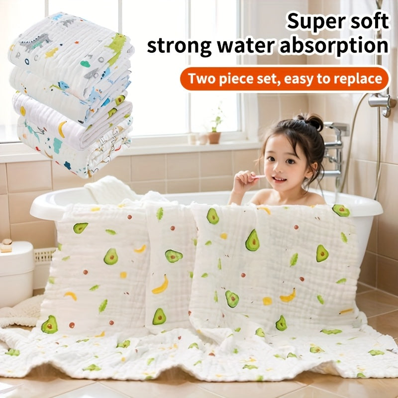 2pcs Baby Gauze Bath Towel and Holding Blanket | Soft and Absorbent, Cute Animal Pattern, Easy to Dry, Suitable for Bathing, Wrapping, Beach Use, for all Seasons, Hand Wash Only
