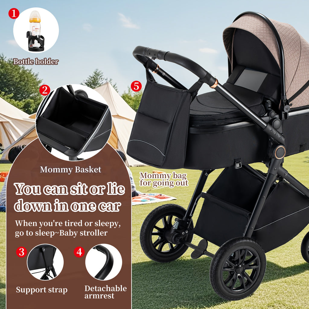 2-in-1 Convertible Baby Stroller with Bassinet - All-in-One Travel System, One-Hand Fold, Storage Basket & Undercarriage, Reclining Seat & Standing Position, Large Wheels with Suspension, Safety Harness - Heavy-Duty Metal Frame for Newborns 0-36