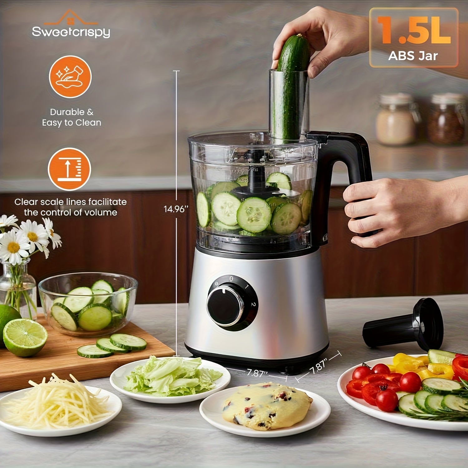 Food Processor Blender for Vegetable, Dough, Electric Food Processors Slicing 6 Cup for Meat, Puree, 2 Speeds, Sharp Blades, Safety Lock with 50.72oz Glass Jar