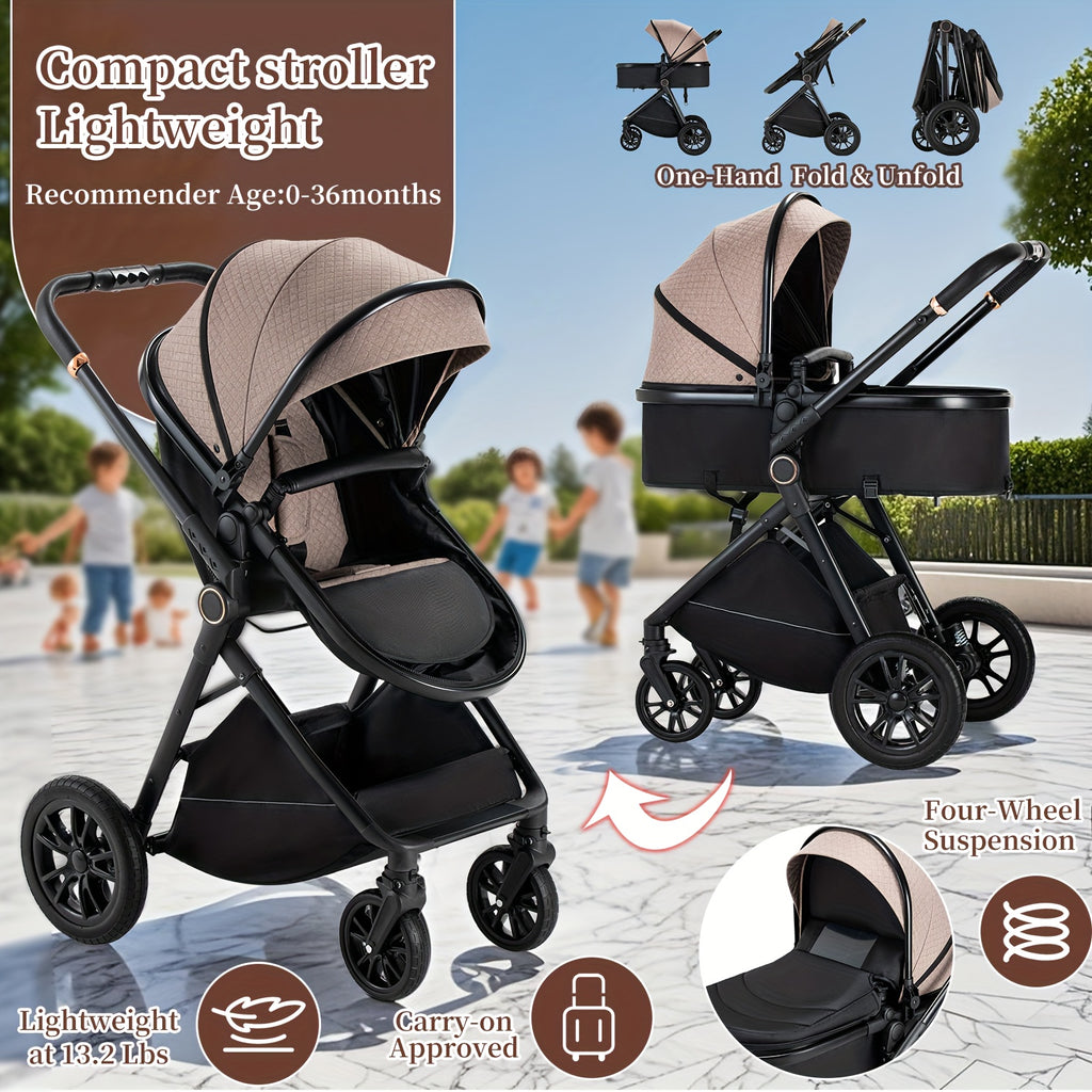 2-in-1 Convertible Baby Stroller with Bassinet - All-in-One Travel System, One-Hand Fold, Storage Basket & Undercarriage, Reclining Seat & Standing Position, Large Wheels with Suspension, Safety Harness - Heavy-Duty Metal Frame for Newborns 0-36