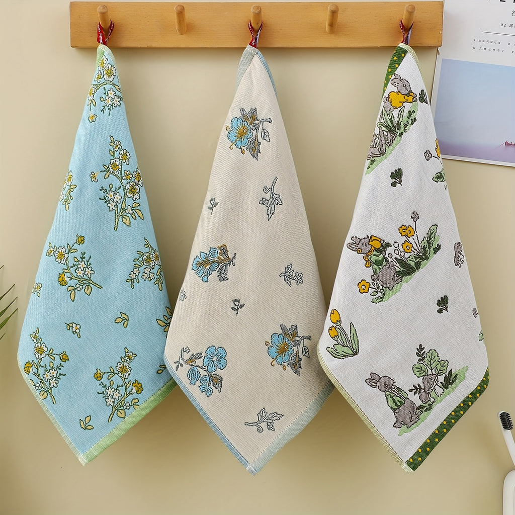Modern Flower & Orchid Rabbit Gauze Soft Towel - 4-Ply Bath & Kitchen Towels Suitable for Bathroom, Gentle  Beige Care, Decorative Square Towel with Rabbit Flower Pattern, Hygienic Multi-Ply Design