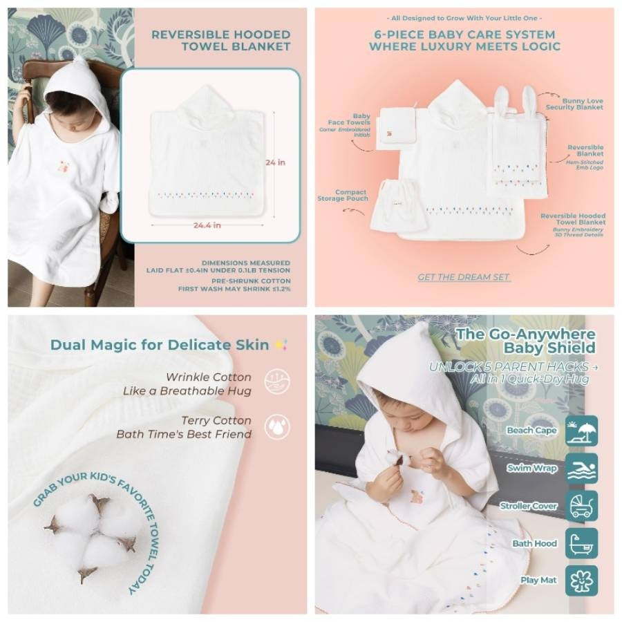 Poncho Muslin Towels Set of 6 Embroidery, Bath Towels with Muslin and Soft Terry Towel, 24 inchx 24 inchBaby Beach Poncho with Seamless Pro, Gifts Boys and Girls