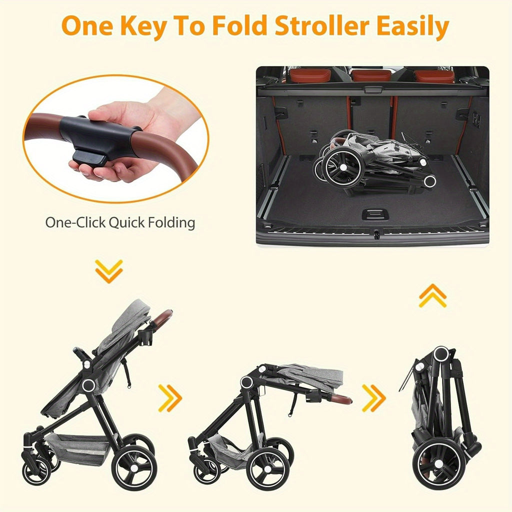 2-in-1 Baby Stroller Reversible Stroller, Bassinet with One-Hand Fold for Easy Access Stroller with Recliner and Extra Large Canopy