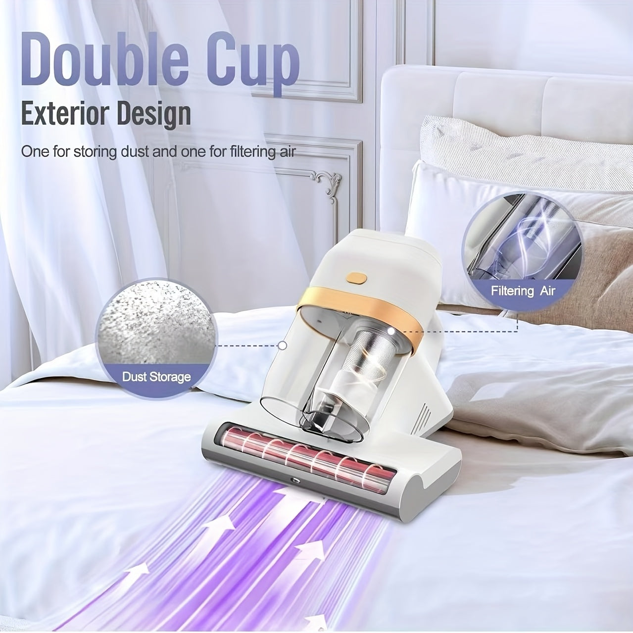Corded Bed Vacuum Cleaner with UV-C Sanitization & 131°F Heating, Soundwave technology Mite Removal, Heavy-Duty 15KPa Suction for Mattress, Sofa, Bedding --in Vacuum Suitable for, Dorm, Hotel Use